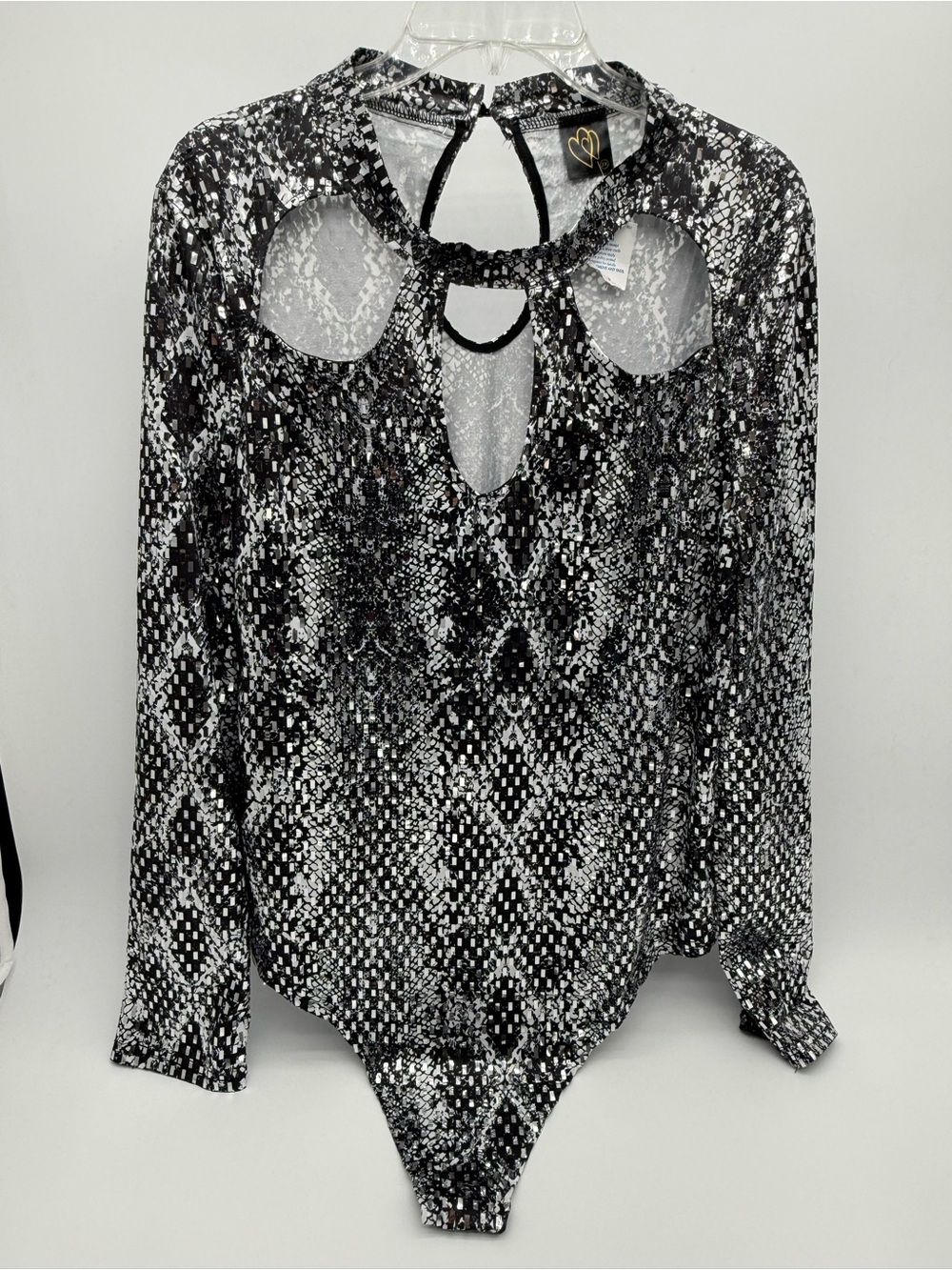 Women’s 2X Black White Snakeskin Metallic Cutout Long Sleeve Bodysuit NWT